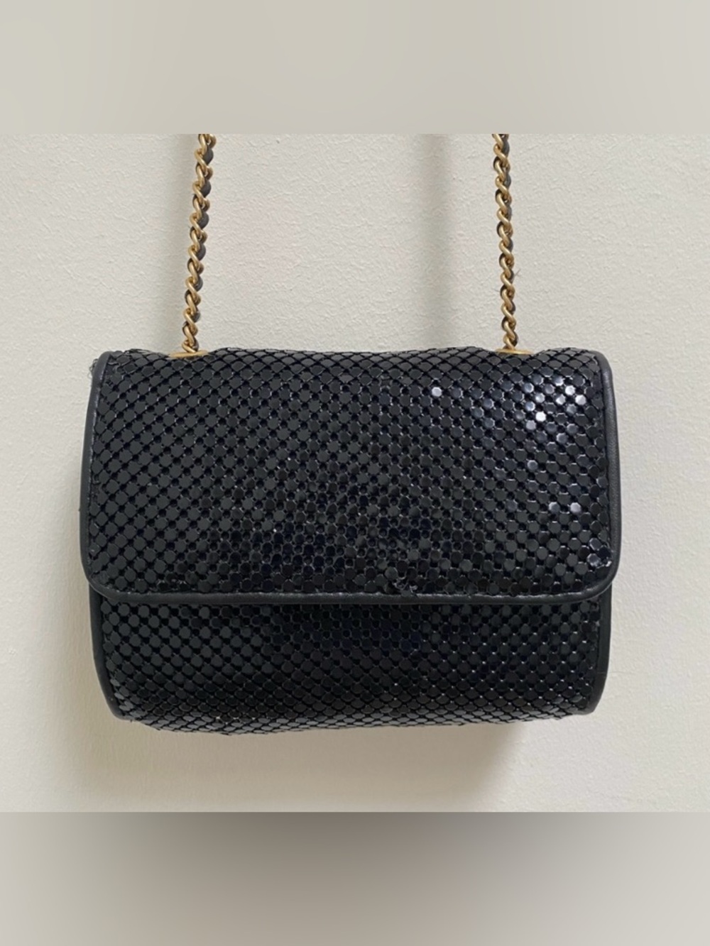 Whiting & Davis Black Sequin Chain Shoulder Bag with Gold Chain